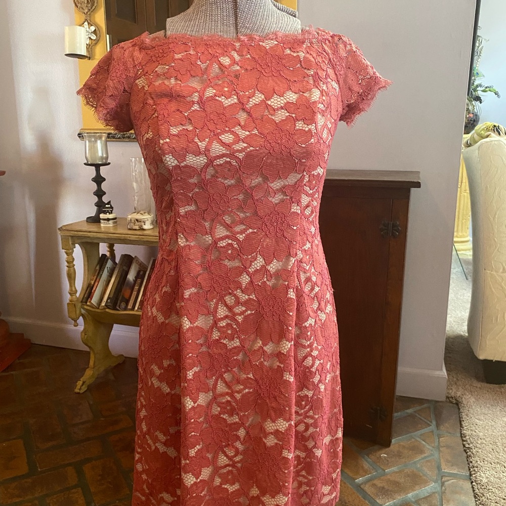 Adrianna Papell Floral Lace Midi Dress in Coral